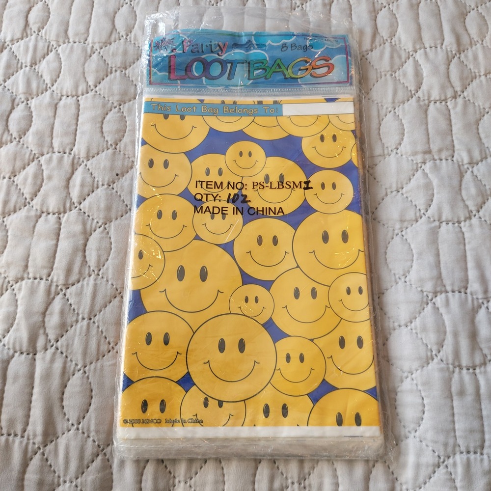 Vintage 2000 Rinco Smiley Face Party Loot Bags 8ct Y2K Retro Yellow Blue PSLBSMI